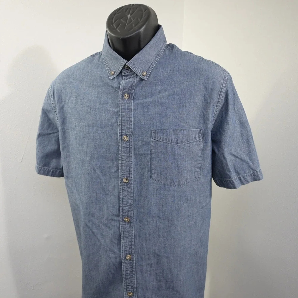 Banana Republic Button Up Men Large Slim Fit Blue Short Sleeve Pocket Cotton